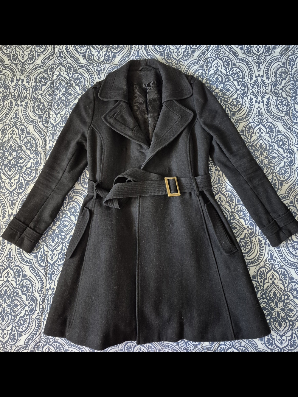 Women's Black Belted Wool-Blend Coat